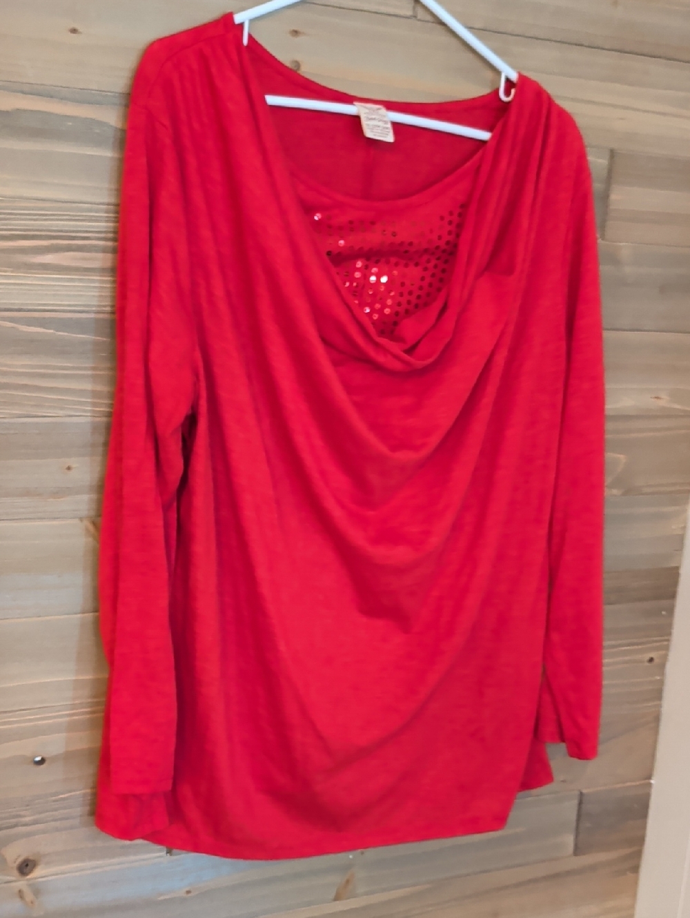 Faded Glory Red Sequin Drape Neck Long-Sleeve Top   3X